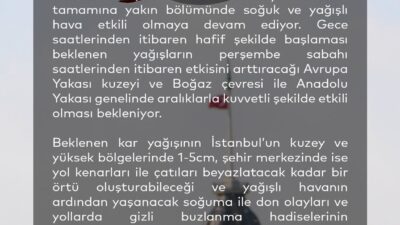 İSTANBUL, – İSTANBUL Büyükşehir Belediyesi (İBB) AKOM tarafından İstanbul için