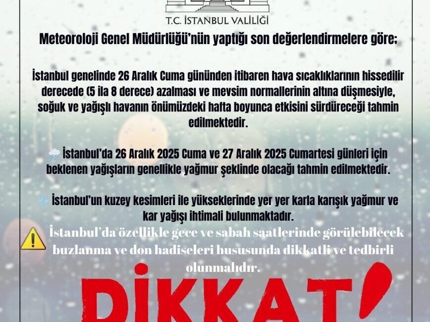 İSTANBUL, – İSTANBUL Valiliği, kentin yüksek kesimlerinde cuma ve cumartesi