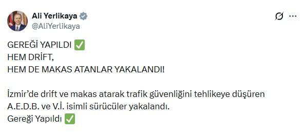 Umutcan ÖREN/ANKARA, – İÇİŞLERİ Bakanı Ali Yerlikaya, İzmir’de drift ve