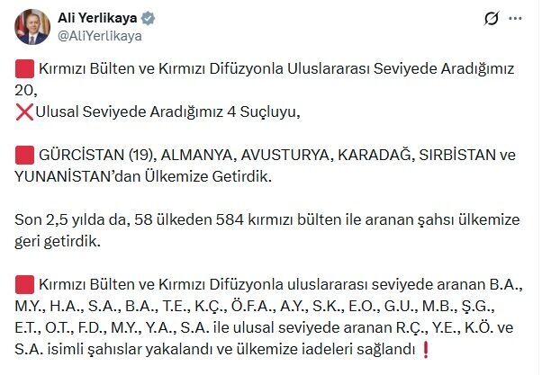 Umutcan ÖREN/ANKARA, – İÇİŞLERİ Bakanı Ali Yerlikaya, kırmızı bülten, kırmızı