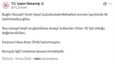 BAKANLIKTAN AÇIKLAMA İçişleri Bakanlığı, Kocaeli’nin İzmit ilçesinde kırsal alana düşen