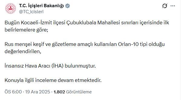 BAKANLIKTAN AÇIKLAMA İçişleri Bakanlığı, Kocaeli’nin İzmit ilçesinde kırsal alana düşen