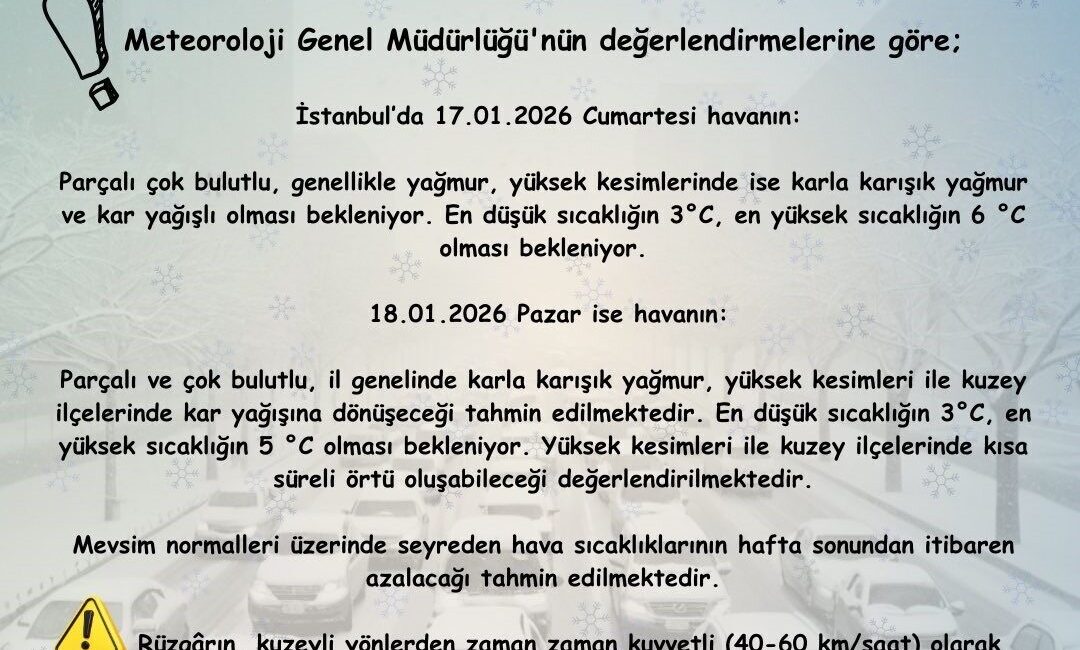 İSTANBUL, – İstanbul Valiliği, hafta sonu kent genelinde karla karışık