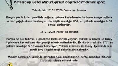 İSTANBUL, – İstanbul Valiliği, hafta sonu kent genelinde karla karışık