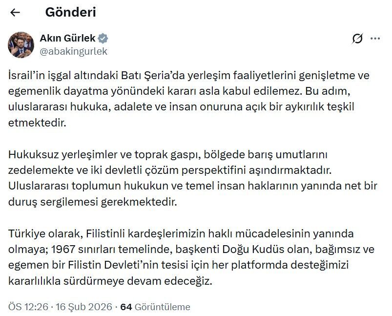 Eda KOÇ/ANKARA, – ADALET Bakanı Akın Gürlek, “İsrail’in işgal altındaki