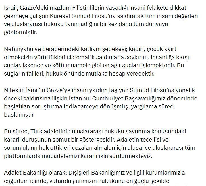 ANKARA, – ADALET Bakanı Akın Gürlek, “İsrail, Gazze’deki mazlum Filistinlilerin