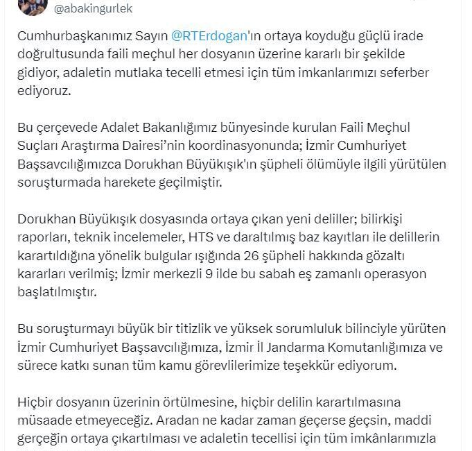 ANKARA, – ADALET Bakanı Akın Gürlek, emekli Tümgeneral Ethem Büyükışık’ın