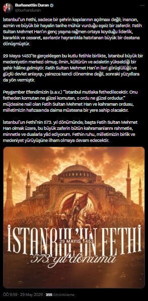 ANKARA, – İLETİŞİM Başkanı Burhanettin Duran, İstanbul’un fethinin 573’üncü yıl