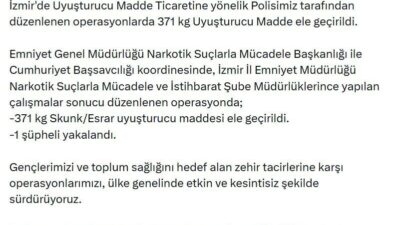 Umutcan ÖREN/ANKARA, – İÇİŞLERİ Bakanlığı, İzmir’de 371 kilogram uyuşturucu madde