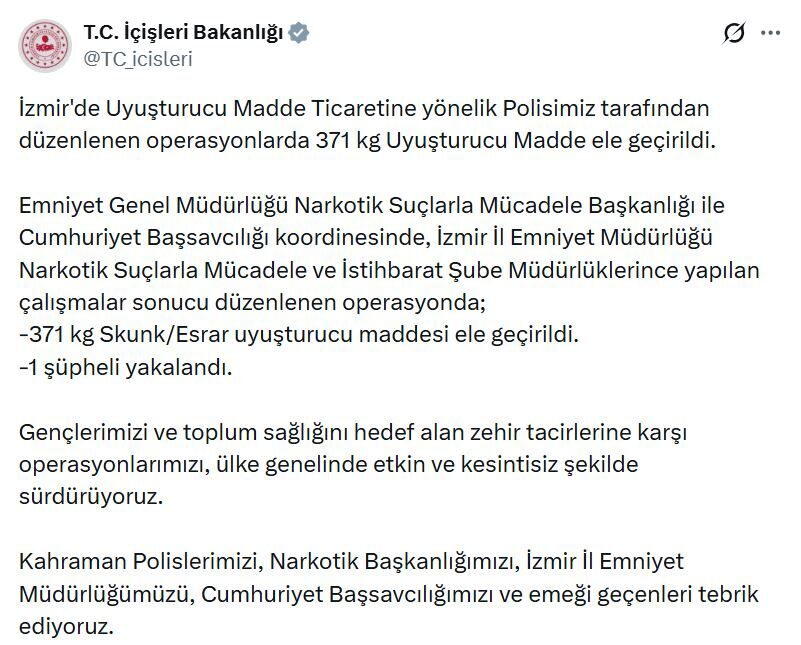 Umutcan ÖREN/ANKARA, – İÇİŞLERİ Bakanlığı, İzmir’de 371 kilogram uyuşturucu madde