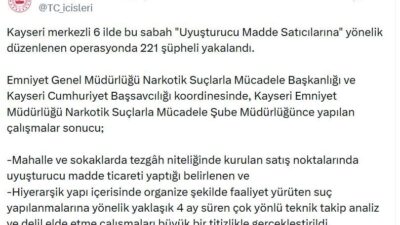 Umutcan ÖREN/ANKARA, – İÇİŞLERİ Bakanlığı, Kayseri merkezli 6 ilde uyuşturucu