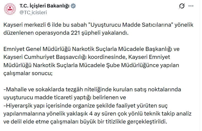 Umutcan ÖREN/ANKARA, – İÇİŞLERİ Bakanlığı, Kayseri merkezli 6 ilde uyuşturucu