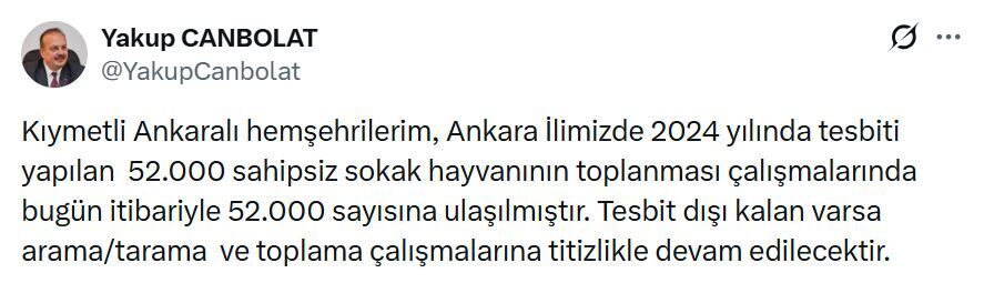 ANKARA, – ANKARA Valisi Yakup Canbolat, il genelinde 52 bin